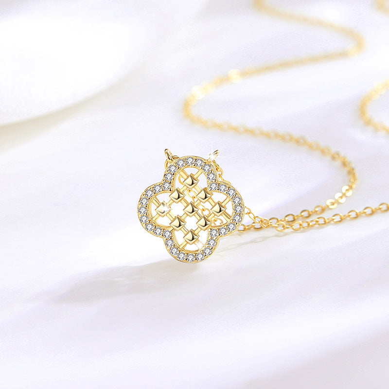 Lucky Clover Sterling Silver 925 Necklace Female Niche Design Light Luxury Zircon Clavicle Chain Ins Style Flower Pendant