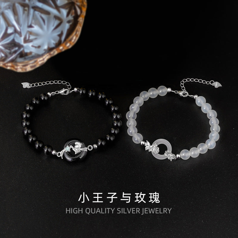 New Chinese Style S925 Sterling Silver Little Prince and Rose Couple Bracelet Natural Agate Safety Buckle High-Grade Bracelet
