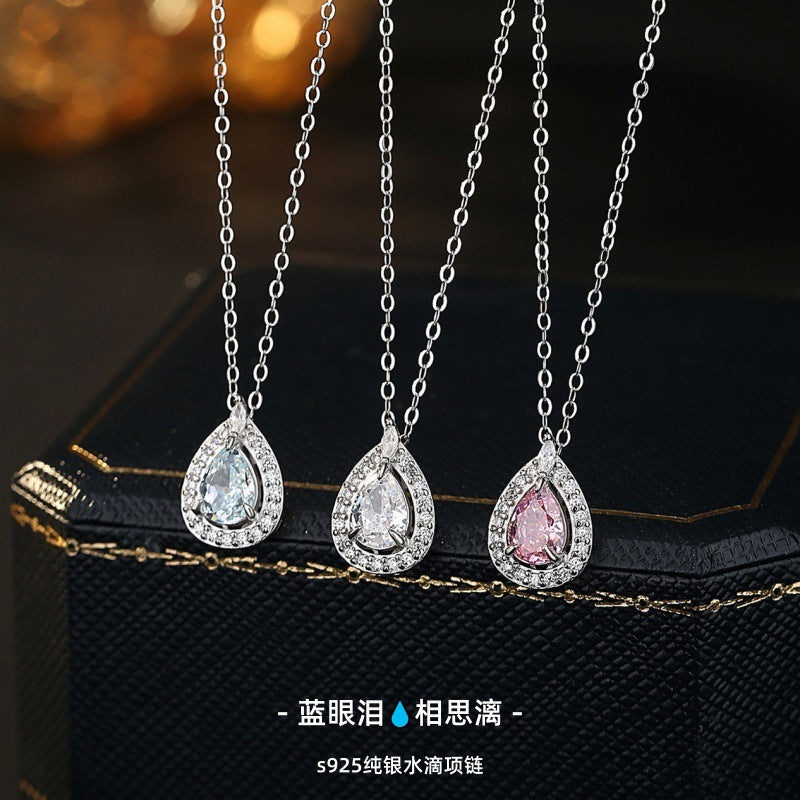 Blue Tears S925 Sterling Silver Necklace Women's Light Luxury Pear-Shaped Water Drop Zircon Clavicle Chain Valentine's Day Confession Birthday Gift