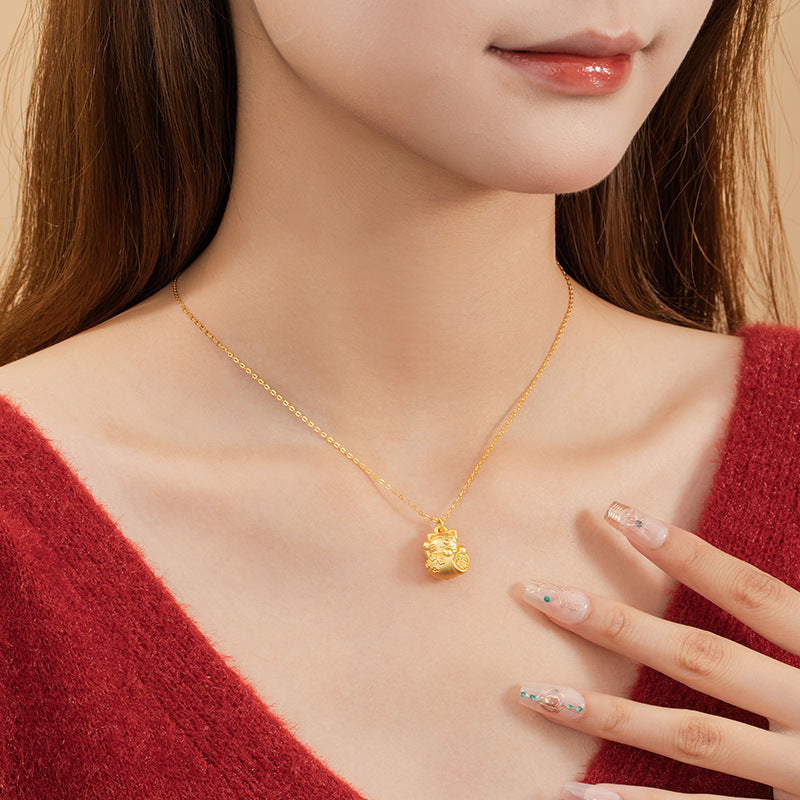 Lucky Cat Pure Silver 999 Necklace Female Niche Design Light Luxury Ruyi Clavicle Chain Ins Wind Bell Pendant