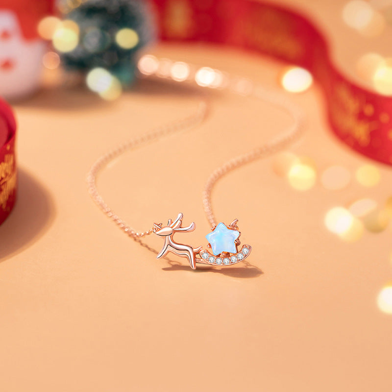 Christmas Elk Sterling Silver 925 Necklace Women's Fashion All-Match Glass Stone Star Clavicle Chain One Deer Has Your Pendant