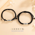 Nine-Eye Sky Beads Pure Silver 999 Couple's Hand Rope National Fashion Ethnic Style Lucky Beads Black Agate Hand Rope Tibetan Hand Rope