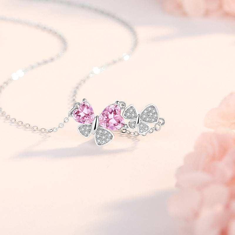 Butterfly Sterling Silver 925 Necklace Female Niche Light Luxury Sweet Style Pink Zircon Clavicle Chain Ins Style Love Pendant