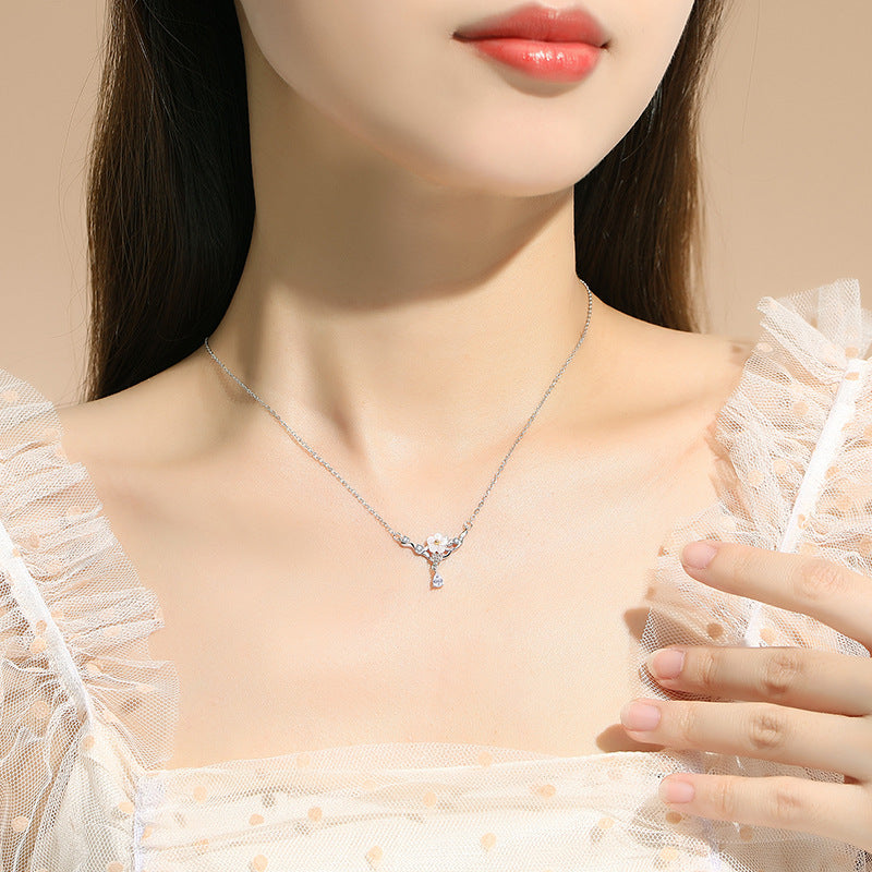 Cherry Blossom Sterling Silver 925 Necklace Female Niche Design Light Luxury White Shell Clavicle Chain Get Things Ins Style Flower Pendant