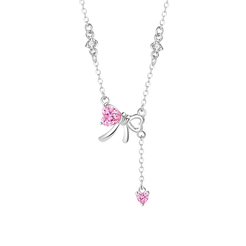Bow Sterling Silver 925 Necklace Female Cute Sweet Style Pink Zircon Clavicle Chain Ins High-Grade Love Pendant