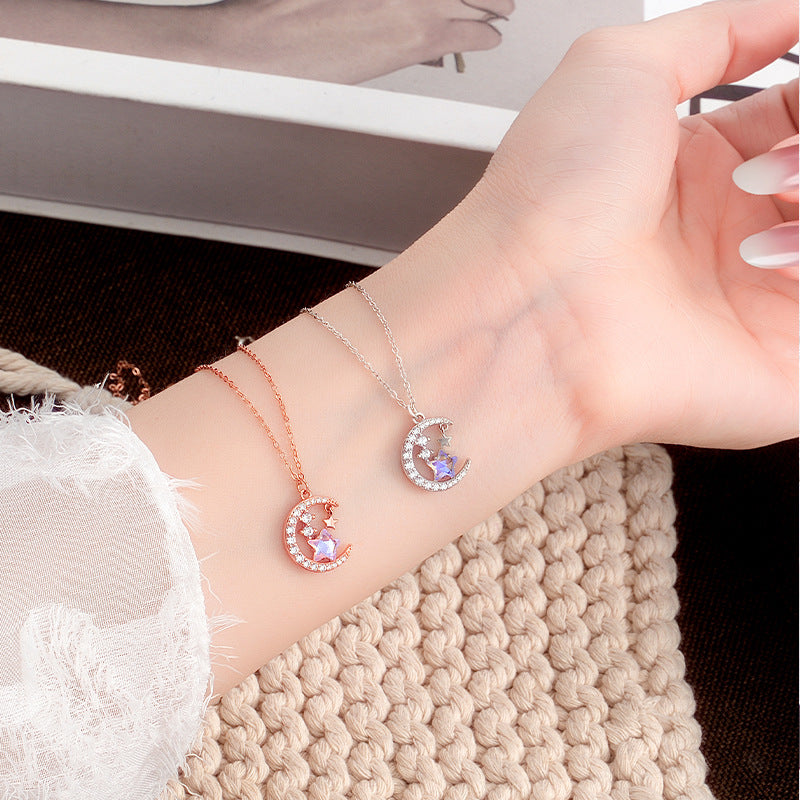 New Exquisite S925 Sterling Silver Necklace Women's Colorful Five-Pointed Star Clavicle Chain Light Luxury Fantasy Star Moon Girl Heart Gift