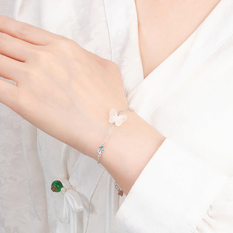S925 Sterling Silver Chalcedony Butterfly Necklace Bracelet Set Luminous Enamel Niche Design Girl Style Silver Jewelry Wholesale
