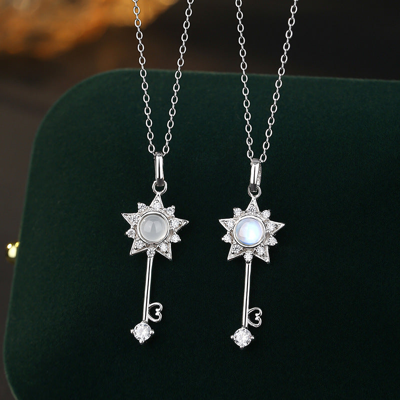 Elegant S925 Sterling Silver Necklace Women's Natural White Agate Moonstone Light Luxury Star Clavicle Chain Niche Silver Jewelry Wholesale