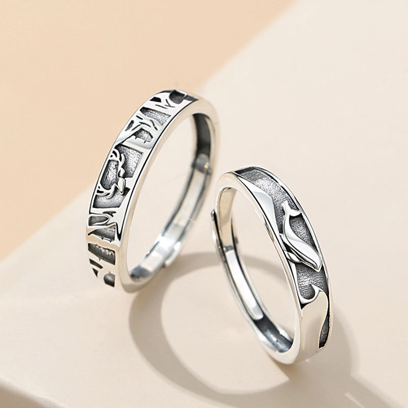 Original Design Whale Deer Couple Ring Vintage Sterling Silver Ring with You Valentine's Day Gift