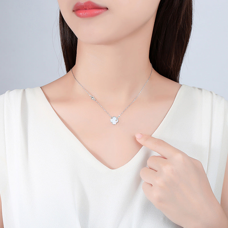 Lucky Clover Sterling Silver 925 Necklace Women's Fashion All-Match Zircon Clavicle Chain Goods Ins White Fritillary Pendant