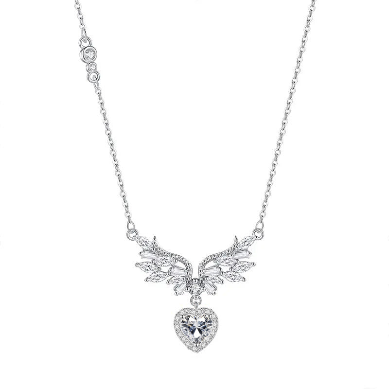 S925 Silver Necklace Women's Light Luxury Niche Angel Wings Love UV Color-Changing Stone Clavicle Chain Ins Style Jewelry
