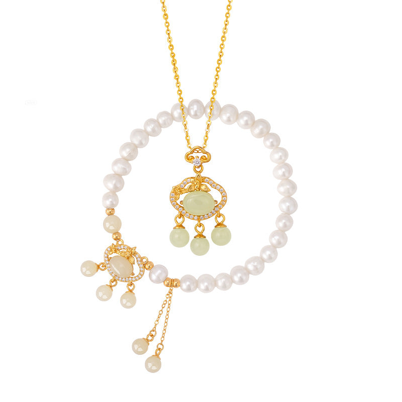 S925 Sterling Silver Hetian Jade Necklace New Chinese Tassel Auspicious Cloud Ruyi Lock Pearl Bracelet National Style Set Accessories