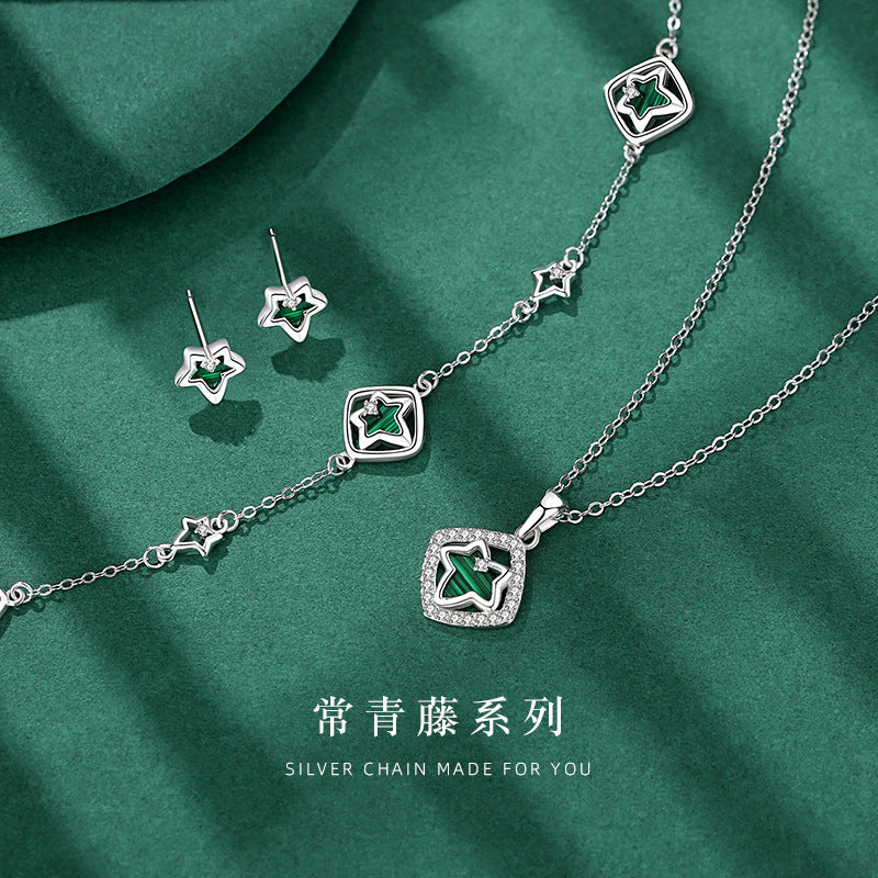 Ivy Sterling Silver 925 Necklace Female Niche Design Peacock Bracelet Valentine's Day Square Zircon Maple Leaf Stud Earrings