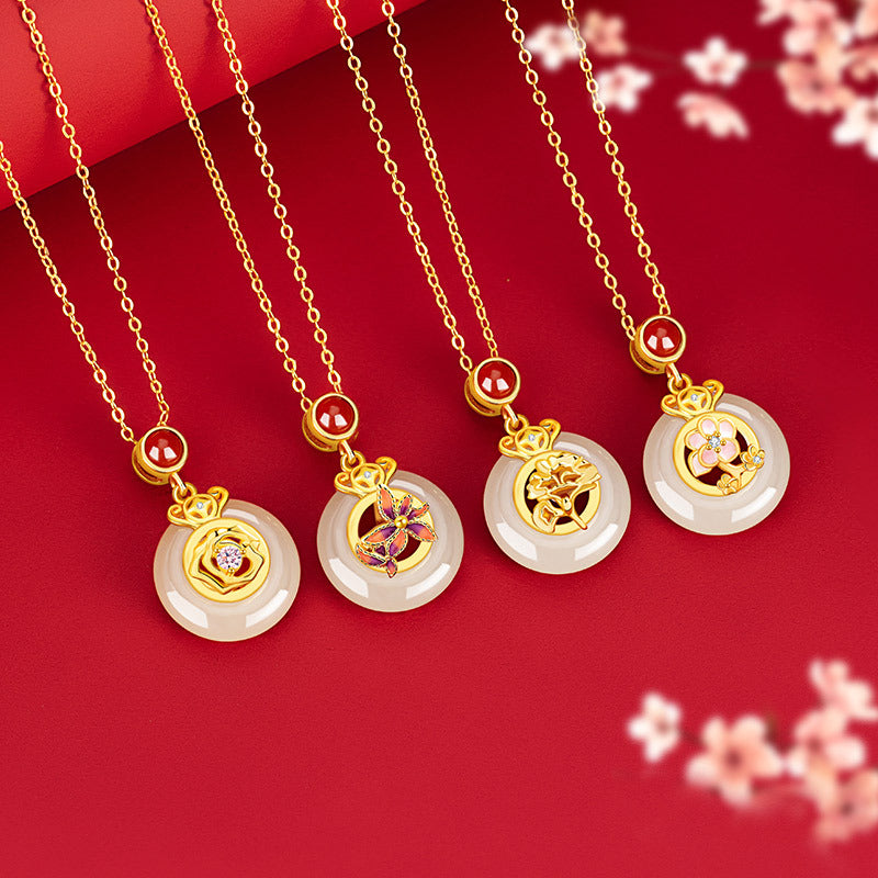 Four Seasons Flower God Sterling Silver 925 Hetian Jade Necklace Female New Chinese Rose Clavicle Chain Red Agate Plum Pendant