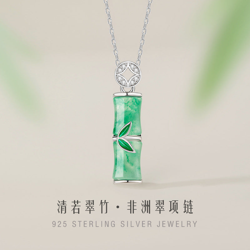 Women's Korean-Style High-Rise Sterling Silver 925 Necklace New Chinese-Style Natural African Copper Coin Clavicle Chain Ins-Style Bamboo Pendant