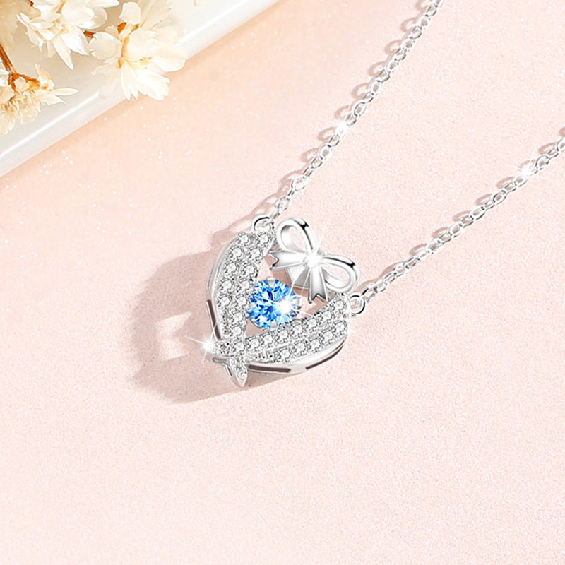 Heart-Shaped Smart Sterling Silver 925 Necklace Women's Bracelet All-Match Zircon Clavicle Chain Gift Ins Style Bow Pendant