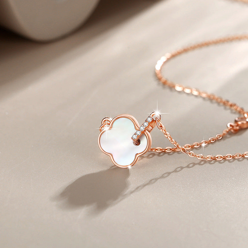 Lucky Clover Sterling Silver 925 Necklace Women's Fashion All-Match Zircon Clavicle Chain Goods Ins White Fritillary Pendant