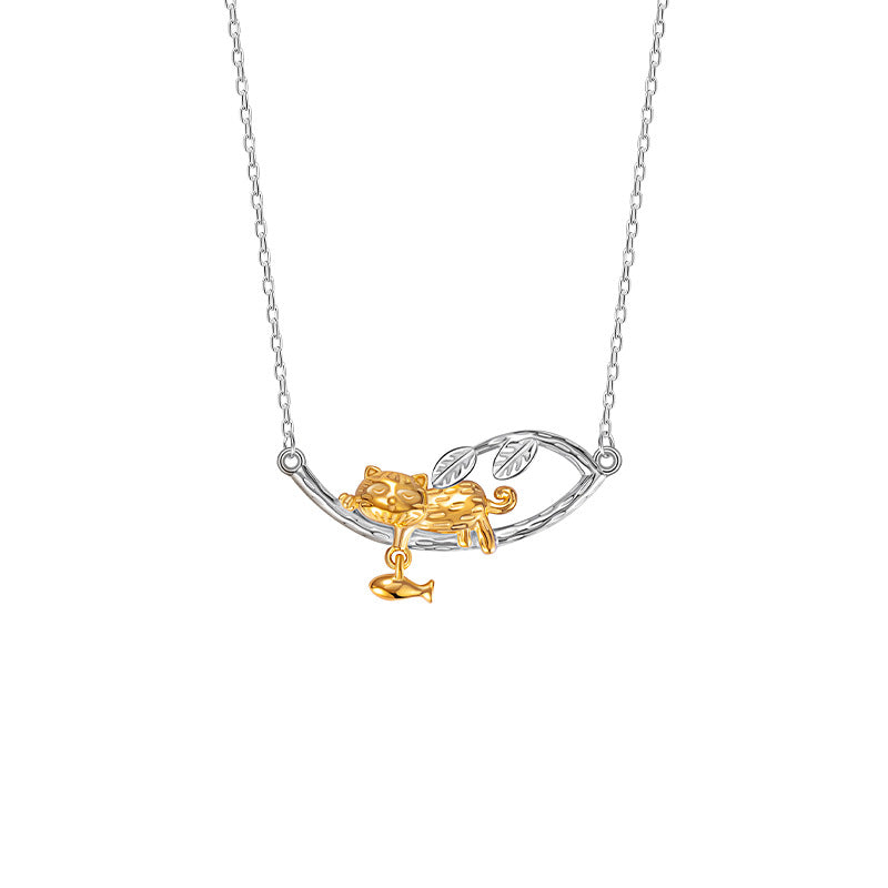 S925 Sterling Silver Necklace National Style Cat Two-Color Clavicle Chain Niche Design Sense All-Match Pendant Gift Commuter Silver Jewelry