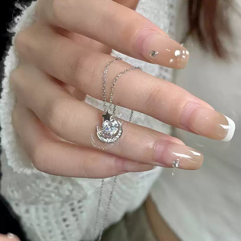 Star Pure Silver 999 Necklace Female Niche Design Light Luxury Zircon Clavicle Chain Internet Celebrity Hot Selling Ins Moon Pendant