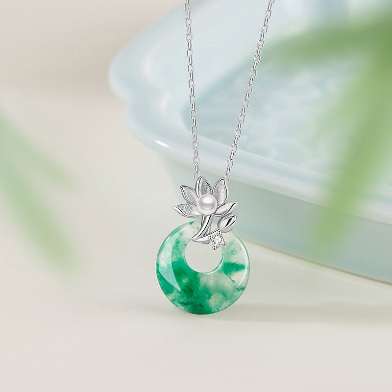 Collana in argento sterling 925 – loto e disco e giada
