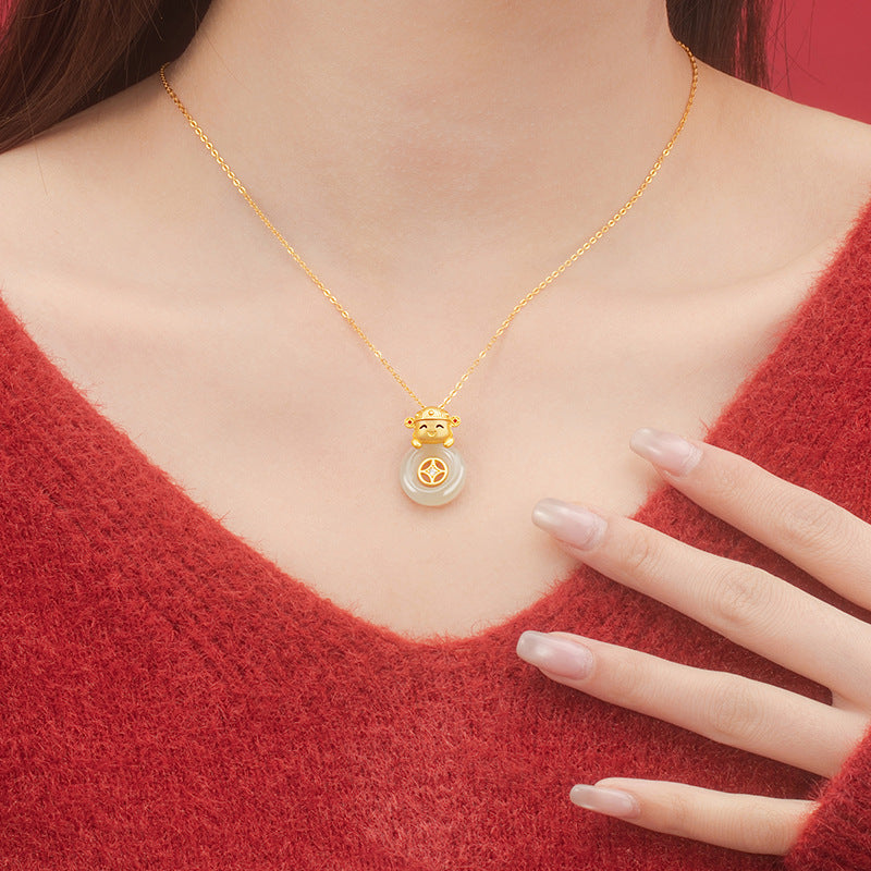 God of Wealth to Sterling Silver 925 Necklace Light Luxury High-Grade Hetian Jade Copper Coin Clavicle Chain Ins Style Safety Buckle Pendant