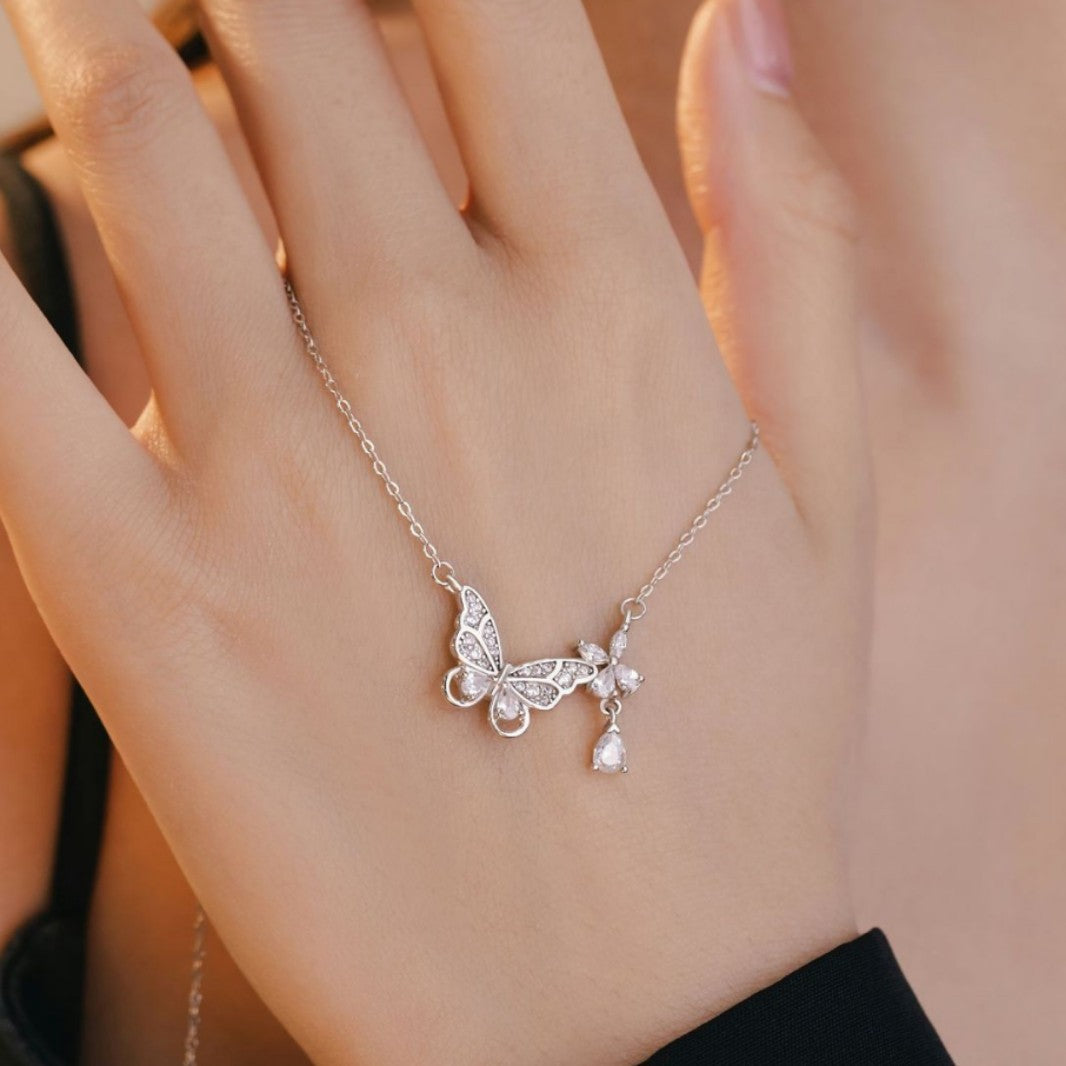 Butterfly Pure Silver 999 Necklace Female Niche Design Light Luxury Flower Zircon Clavicle Chain Small Red Book Same Pendant