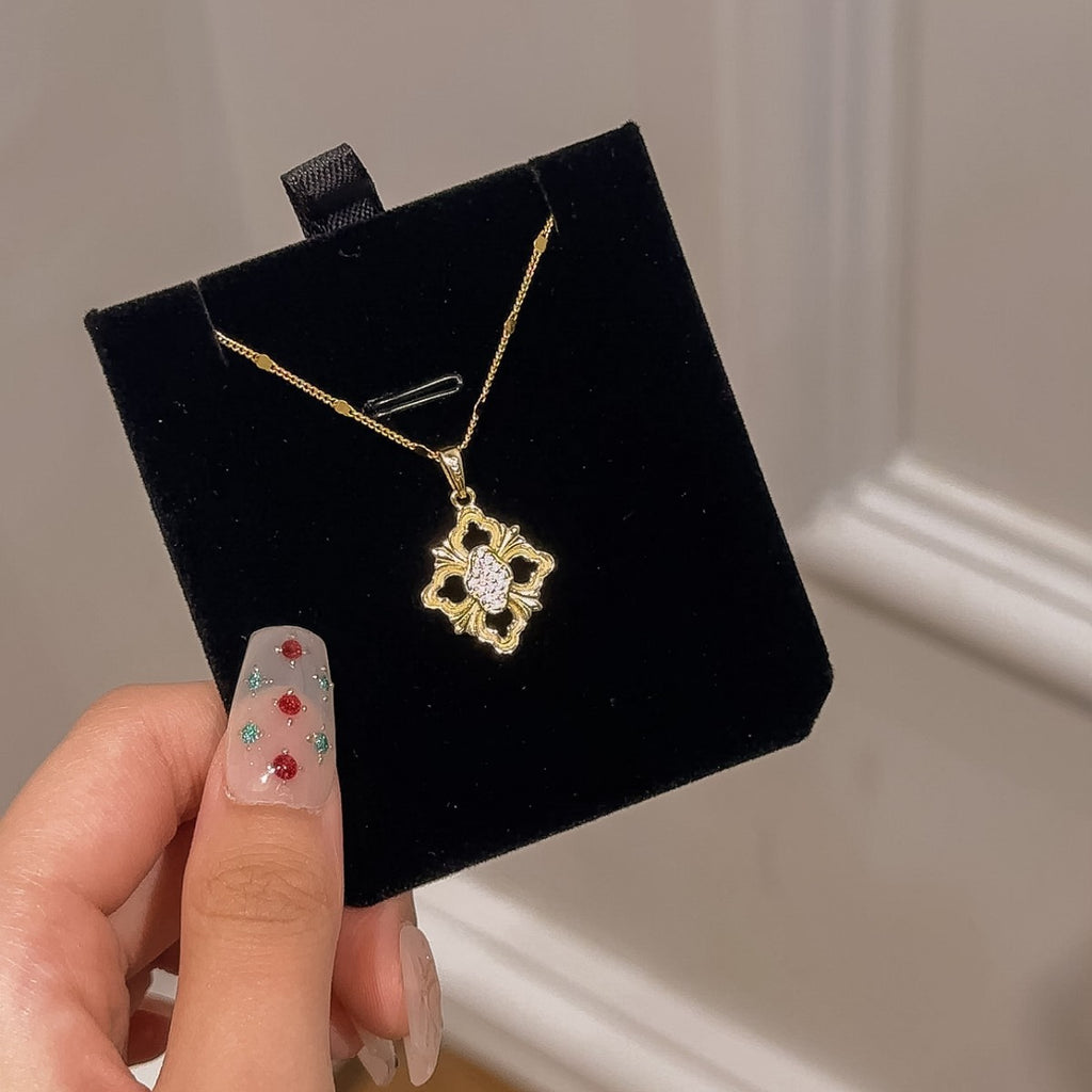 Gold Lace Sterling Silver 925 Necklace Vintage Buqi Style Handmade Brushed Zircon Clavicle Chain Light Luxury High-Grade Pendant