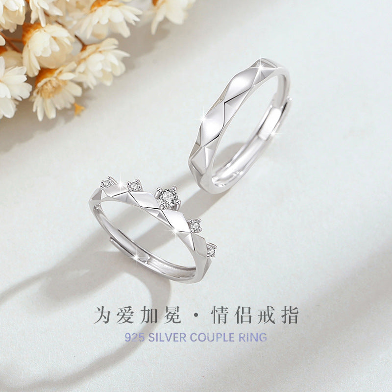 Crown Pure Silver 999 Couple Ring Men's and Women's Fashion All-Match Zircon Ring Thing Ins Wind Rhombus Ring