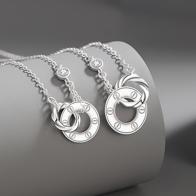 Mobius Ring Sterling Silver 925 Couple Necklace High-Grade Double Ring Zircon Clavicle Chain Ins Ring Buckle Pendant