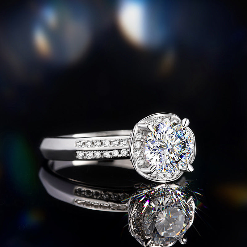 Sterling Silver 925 Diamond Ring Women's Light Luxury Niche High-Grade Four-Claw Moissanite round Ring 1 Karat Wedding Ring