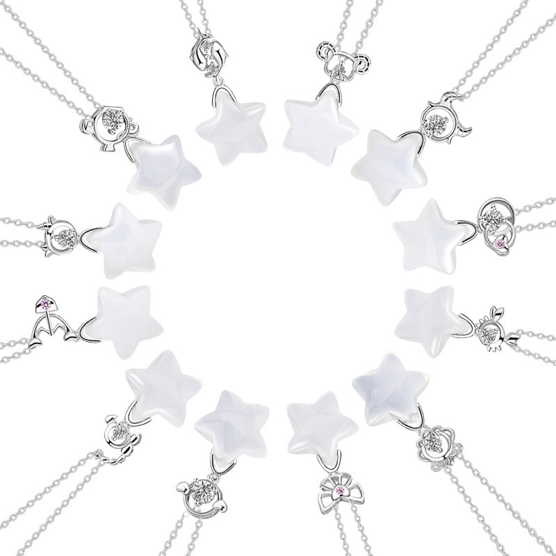 Twelve Constellation Sterling Silver 925 Necklace Female Niche Design Light Luxury Chalcedony Clavicle Chain Ins Style Five-Pointed Star Pendant