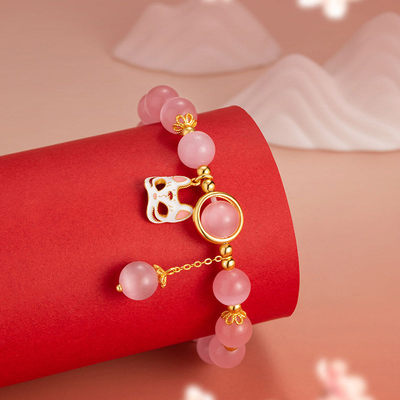 Fox Mask Sterling Silver 925 Bracelet Female Sweet Cute Pink Opal Bracelet Ins Style Fox Fairy Bracelet
