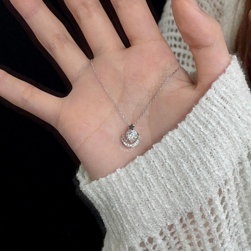 Star Pure Silver 999 Necklace Female Niche Design Light Luxury Zircon Clavicle Chain Internet Celebrity Hot Selling Ins Moon Pendant