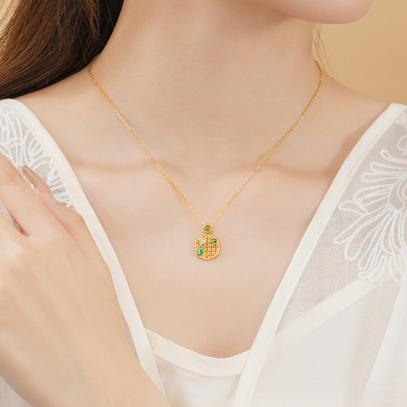 Original Bamboo Knot Hetian Jasper Sterling Silver 925 Necklace Women's New Chinese Zircon Clavicle Chain Mother's Day Window Flower Pendant