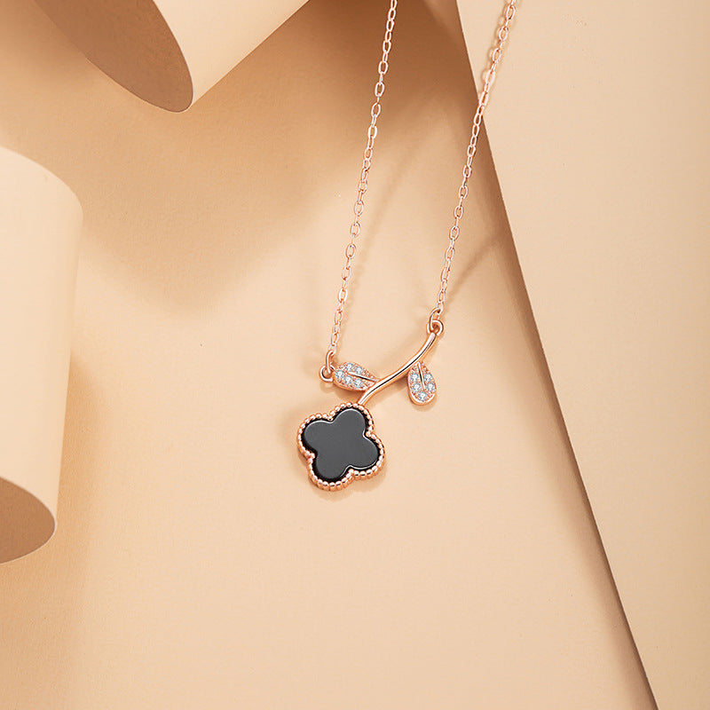 Lucky Clover Sterling Silver 925 Necklace Women's Fashion Versatile Black Agate Flower Clavicle Chain Ins Petal Pendant