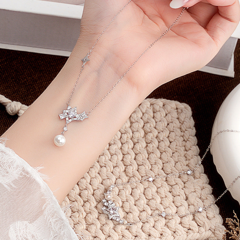 S925 Sterling Silver Star Pearl Necklace Light Luxury Niche High-Grade Versatile Temperament Clavicle Chain Silver Jewelry Gift Wholesale