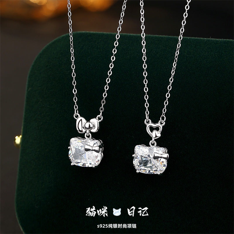 Cat Diary S925 Sterling Silver Necklace Female Niche Cute Zircon Hello Kitty Clavicle Chain Valentine's Day Confession Gift