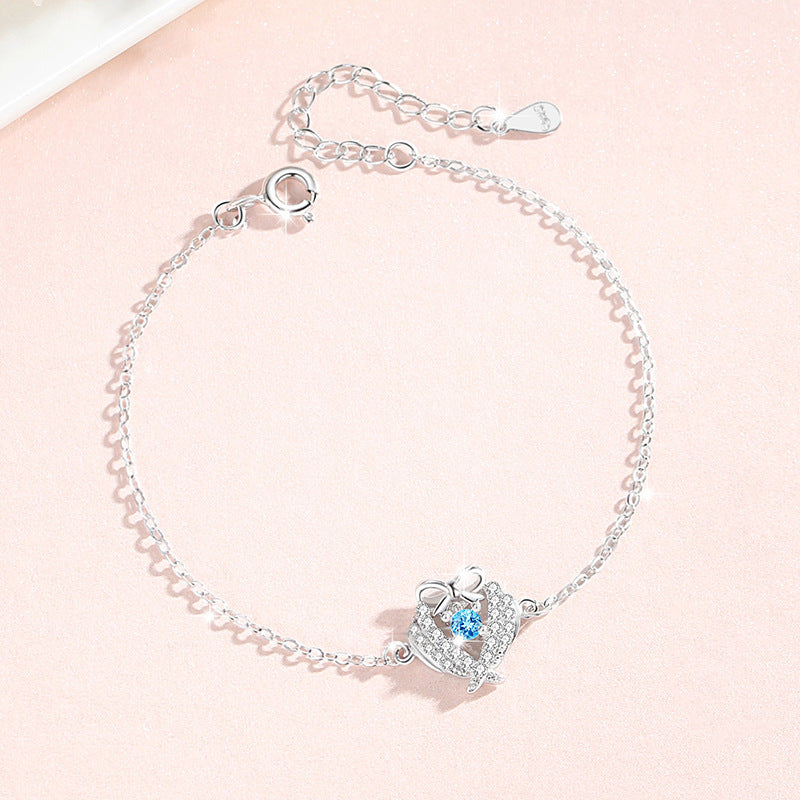 Lovely Sterling Silver 925 Bracelet Female Niche Design Light Luxury Blue Zircon Bracelet for Girls Ins Bow Bracelet