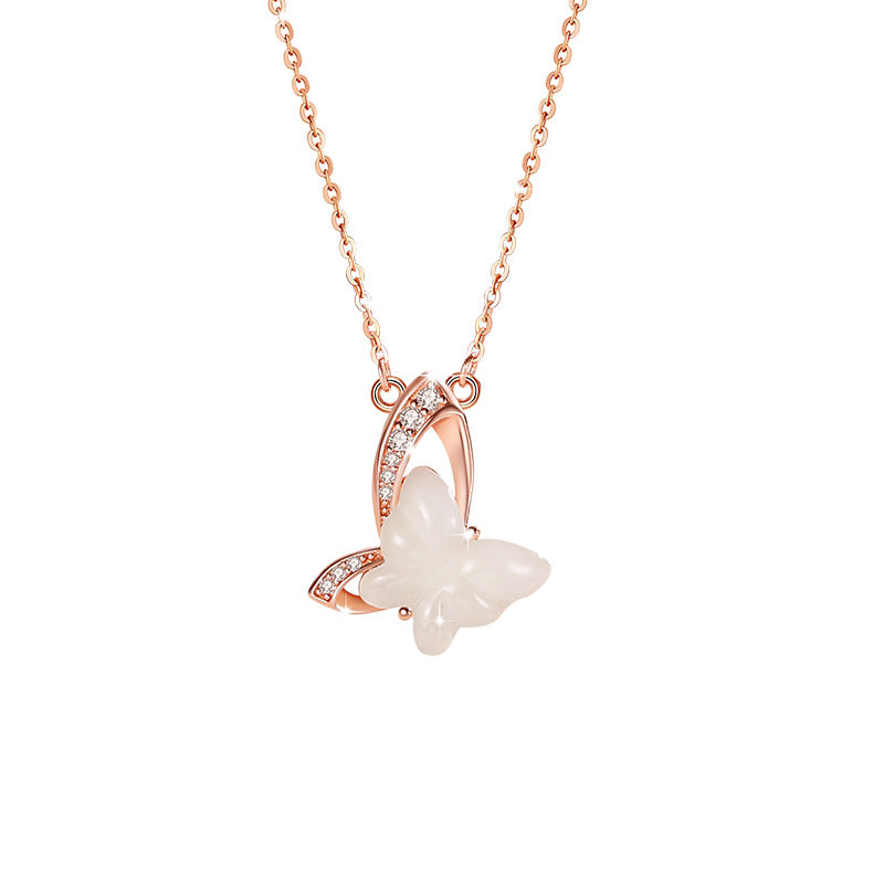 Butterfly Hetian Jade Sterling Silver 925 Necklace Female Niche Design Light Luxury Clavicle Chain Material Ins Style Zircon Pendant
