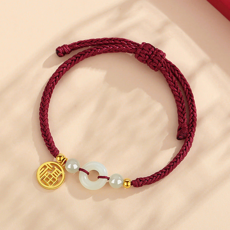 Peace Buckle Hetian Jade Sterling Silver 925 Couple Braided Rope Bracelet Men's and Women's Ins Style Lucky Bracelet