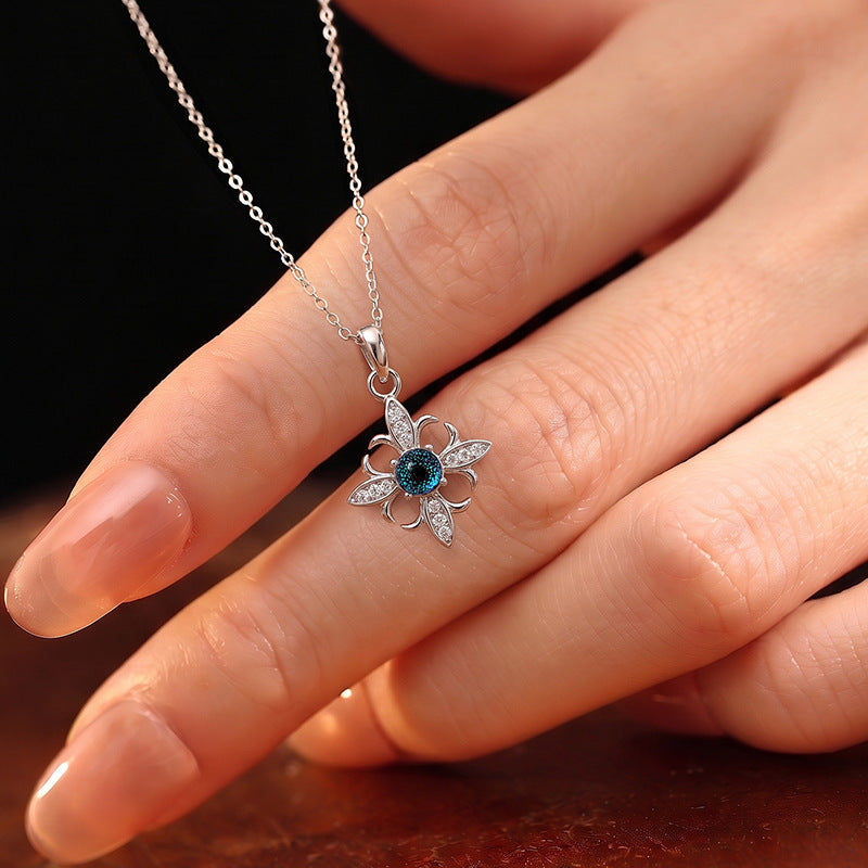 Cross-Border Hot Sale S925 Sterling Silver Necklace Female Iris Pendant Glazed Stone Flower Clavicle Chain Niche Silver Jewelry Wholesale