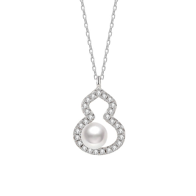 Fu Lu Double Full Sterling Silver 925 Necklace Women's Light Luxury High-Grade Natural Freshwater Pearl Clavicle Chain Ins Gourd Pendant