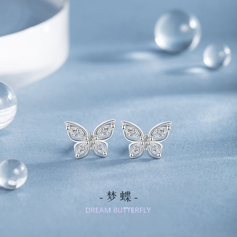 Butterfly Pure Silver 999 Stud Earrings Female Niche Design Light Luxury Hollow Zircon Earrings Ins Style High-Grade Earrings