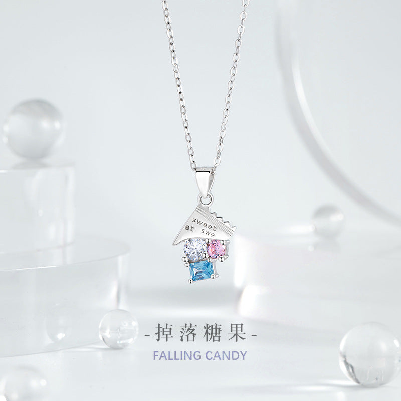 Drop Candy Sterling Silver 925 Necklace Women's Light Luxury Sweet Style Pink Zircon Clavicle Chain Summer Dopamine Pendant
