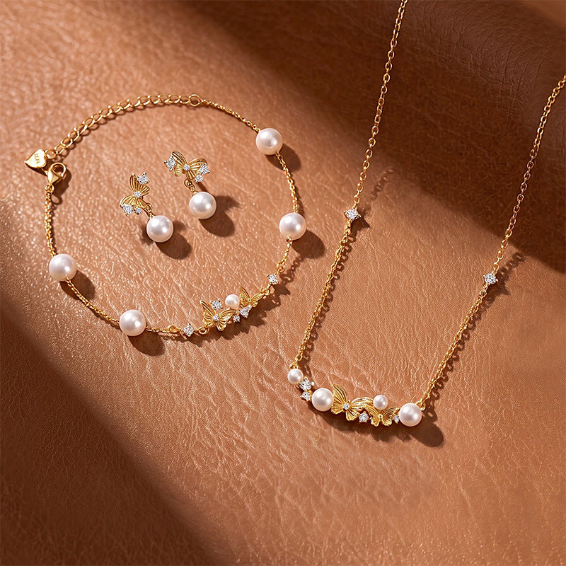 S925 Silver Necklace Bracelet Earrings Butterfly Pearl Set Women's Light Luxury High-Grade Clavicle Chain Niche Gift Jewelry