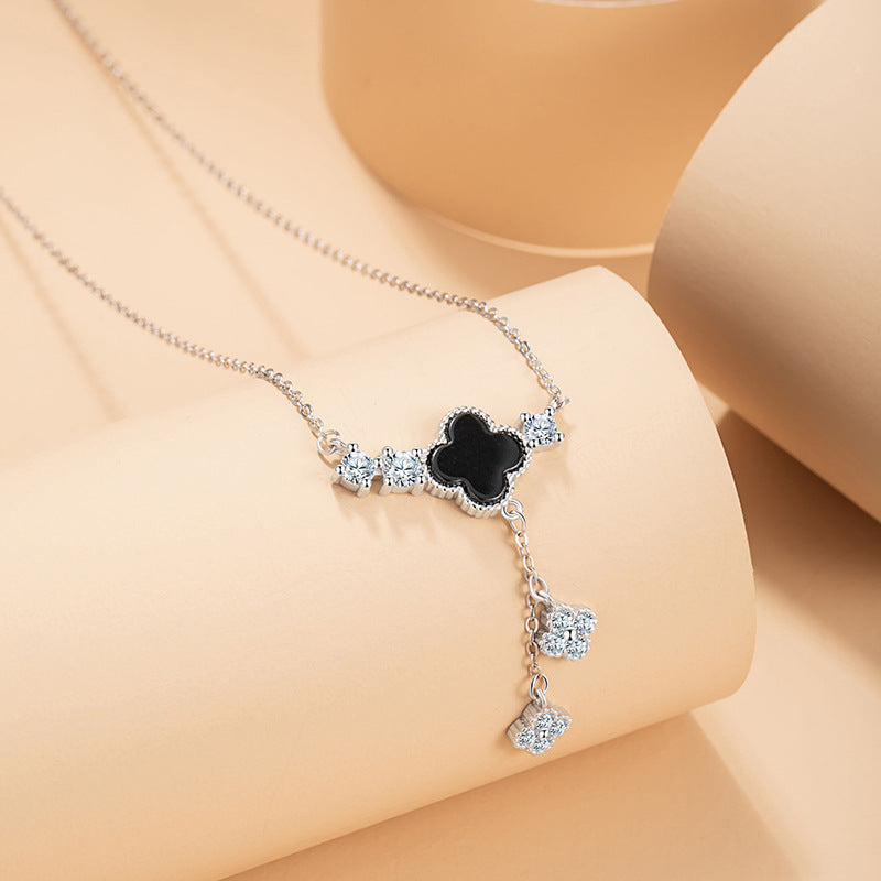 Lucky Clover Sterling Silver 925 Necklace Women's Fashion Versatile Black Agate Tassel Clavicle Chain Ins Flower Pendant