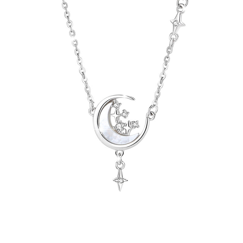 Star Moon Sterling Silver 925 Necklace Female Niche Design Light Luxury Tassel Clavicle Chain Get Things Ins Zircon Pendant