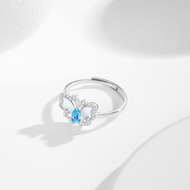 Original Butterfly Sterling Silver 925 Ring Women's Fashion All-Match Sea Blue Zircon Ring Ins Style White Fritillary Ring