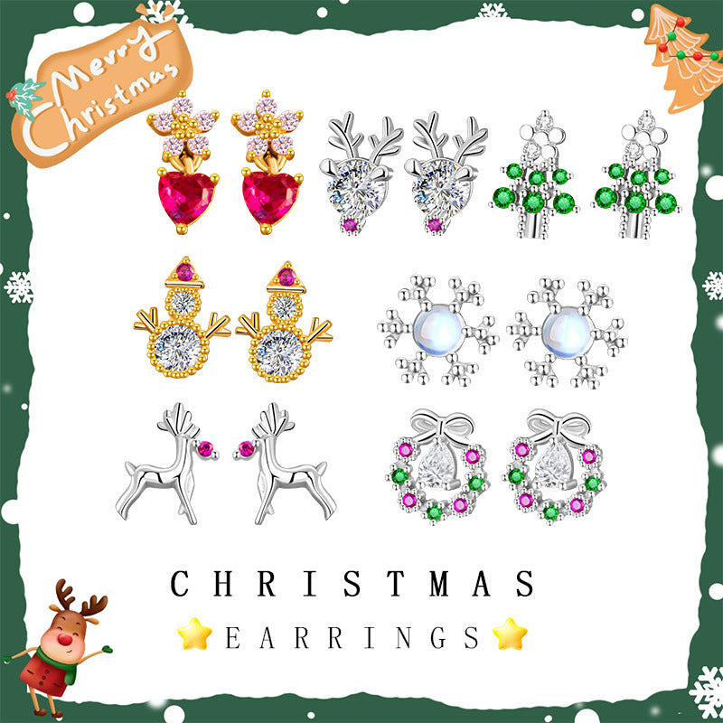 Christmas Tree Sterling Silver 925 Week Earrings Fashion Versatile Snowflake Lovely Earrings Ins Elk Bow Earrings