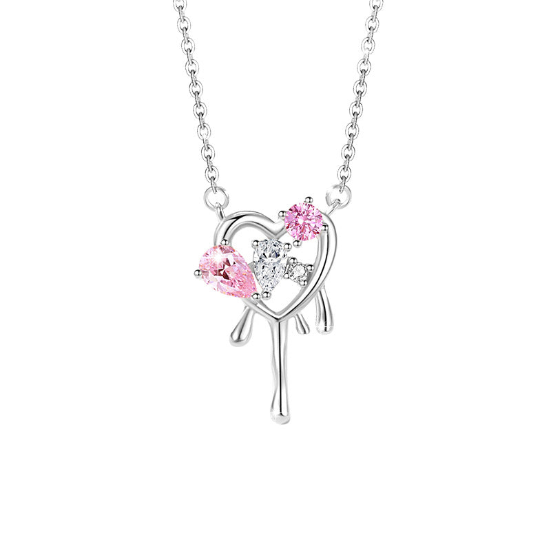Lovely Sterling Silver 925 Necklace Women's Fashion All-Match Pink Diamond Clavicle Chain Valentine's Day Gift Key Zircon Pendant
